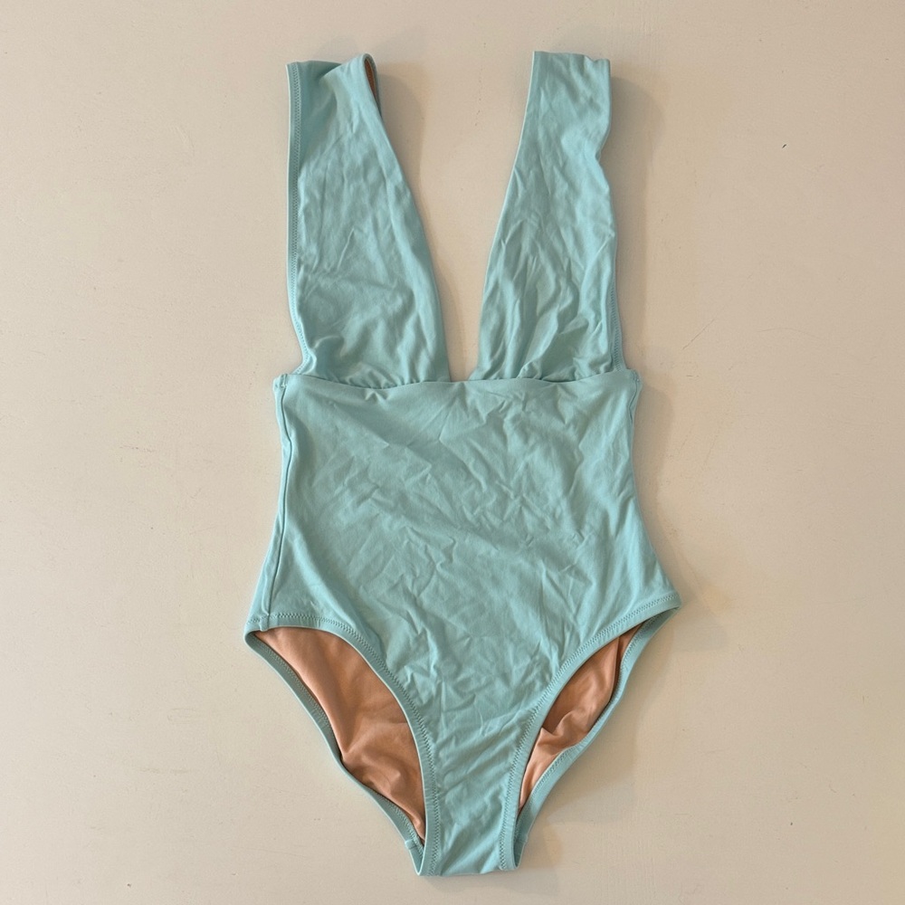 J. Crew Light Blue Deep V One Piece Swimsuit